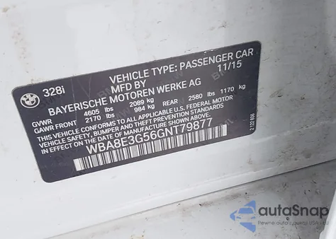 2016 BMW 328I xDrive z USA, uszkodzony, nr VIN WBA8E3G56GNT79877